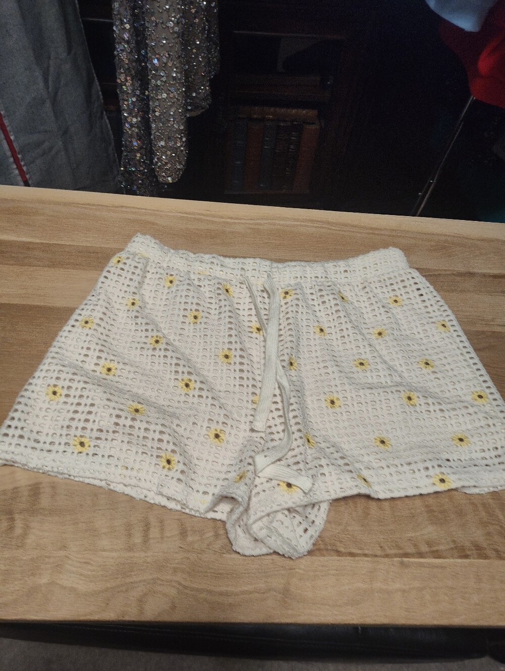 Old Navy White Crochet Shorts with Yellow Daisy Accents